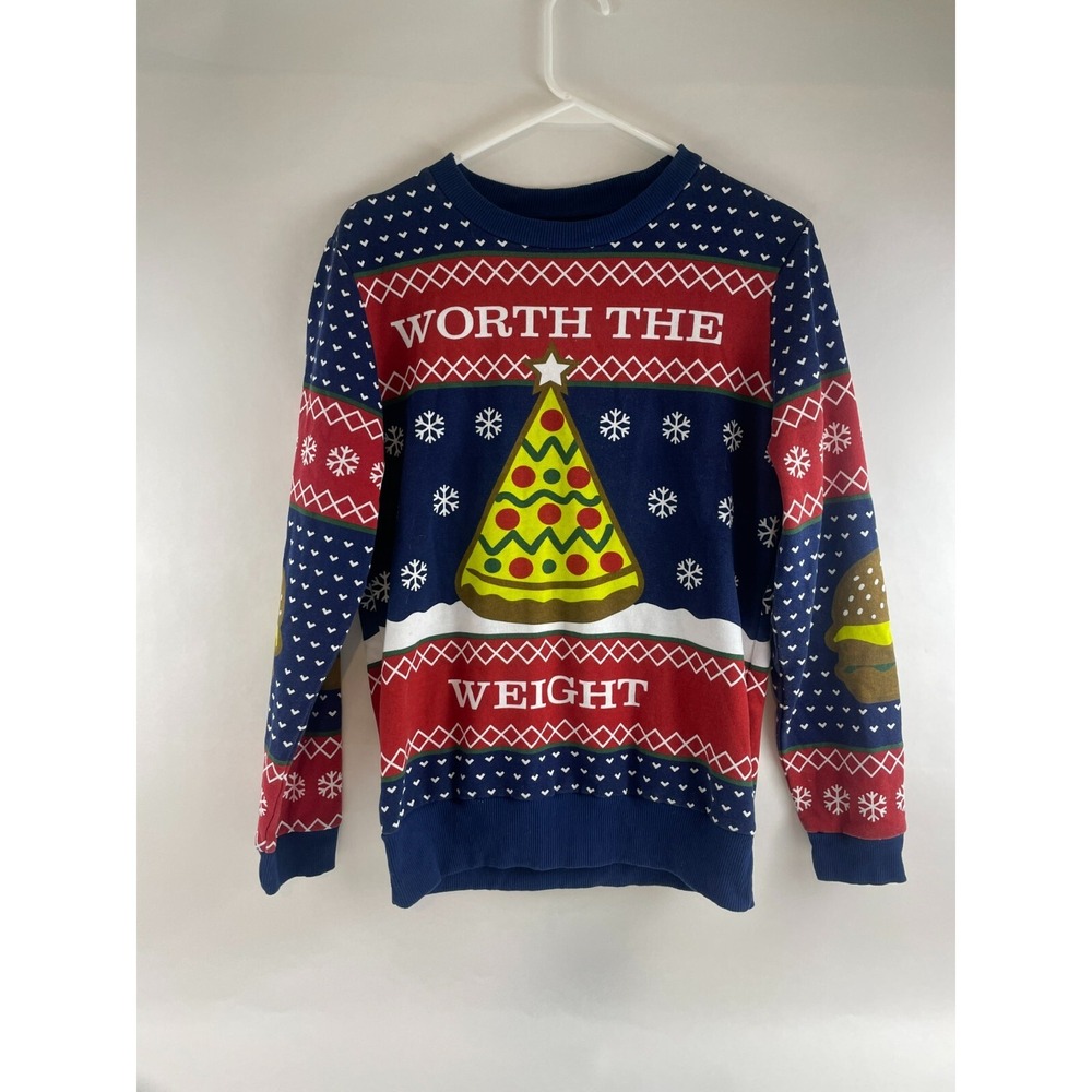 MAD Engine Sweater Men's Size M Holliday Snowflakes Worth the Weight Pizza Print